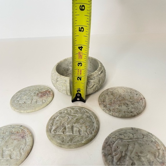 Carved Stone Elephants Coasters Set of 6 With Storage Holder READ - Picture 7 of 16